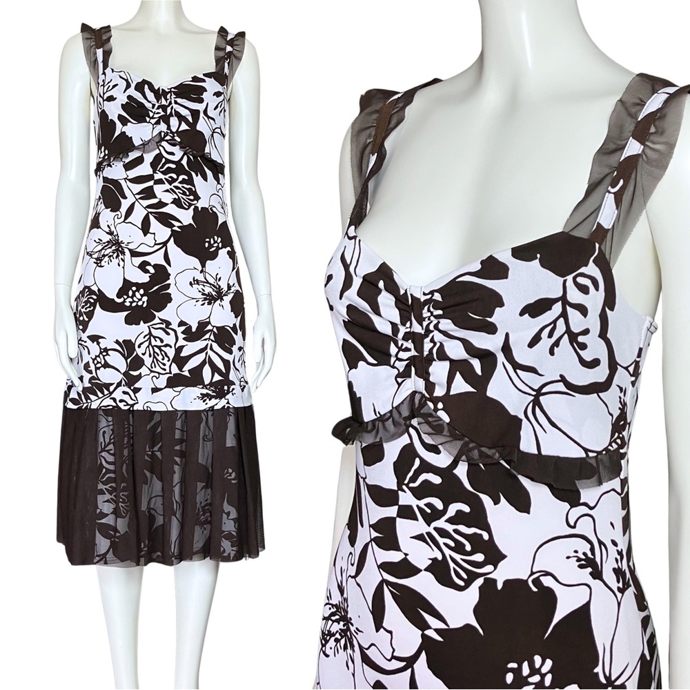 Vintage Y2K Brown White Floral Midi Dress. Small. Tropical Vacation Fairy Hawaii